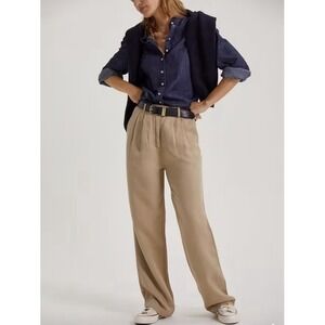 Baukjen Lianne Trousers Women's Khaki Tencel Linen Pleated Relaxed Leg Sz UK 10